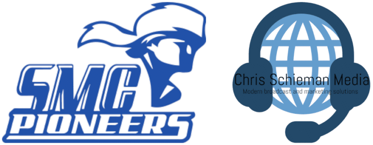 SMC Basketball Live Stream Schedule Graphic with the SMC Pioneers logo to the left and CSM logo to the right