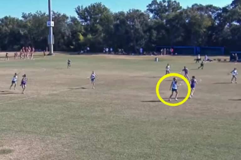 Example of a lacrosse Highlight Video, with the athlete marked by a yellow circle around her.