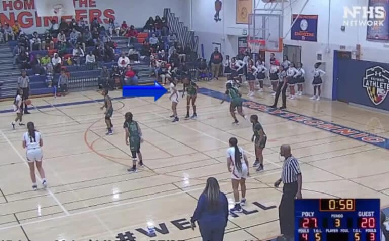 example of a basketball recruiting video created by Chris Schieman Media. In this example the player in the video is marked to be identified with a blue arrow.