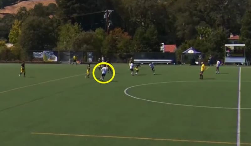 Example of my soccer recruiting Video Services, with a yellow circle around the player on the field.