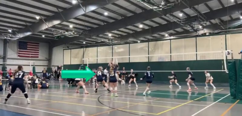 Example of a volleyball recruiting video, where the athlete is marked with a green arrow.